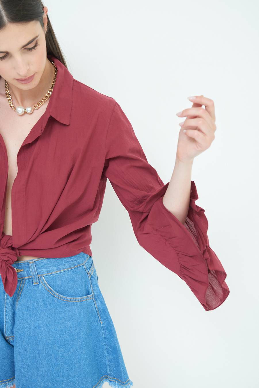 Kikisix CAMICIA MUSSOLA CON NODO ROSSO INDIA Vendita Calda