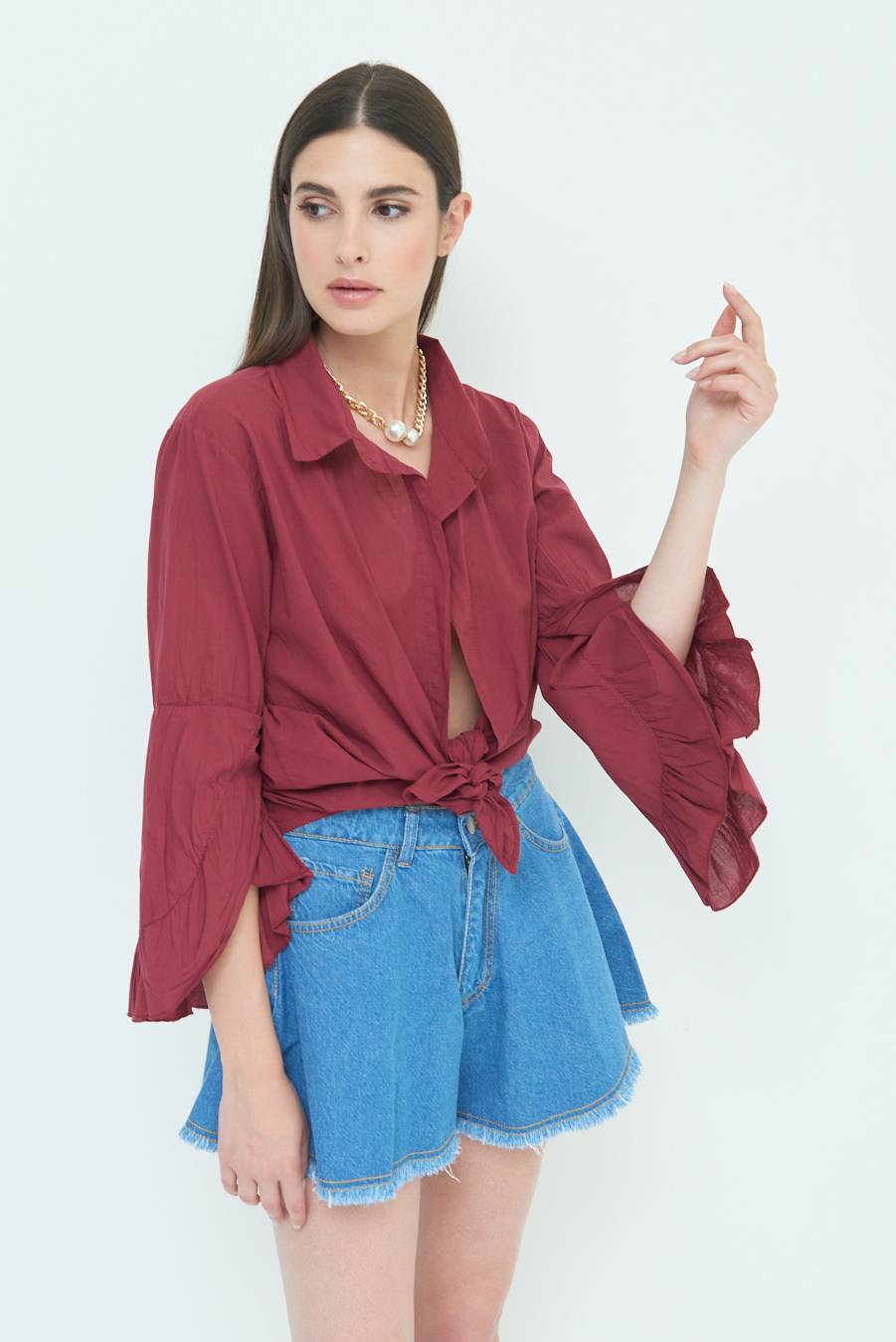Kikisix CAMICIA MUSSOLA CON NODO ROSSO INDIA Vendita Calda