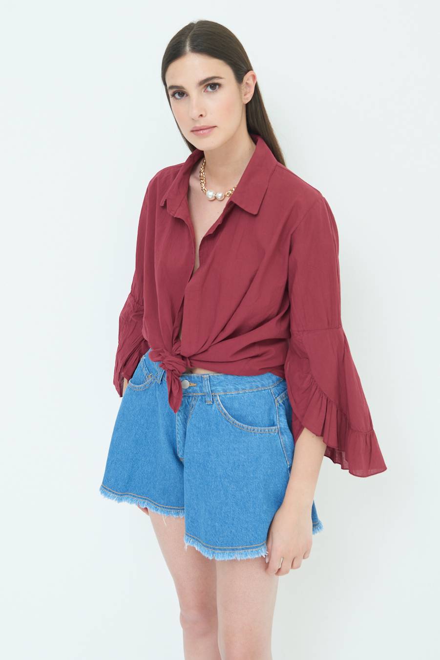 Kikisix CAMICIA MUSSOLA CON NODO ROSSO INDIA Vendita Calda