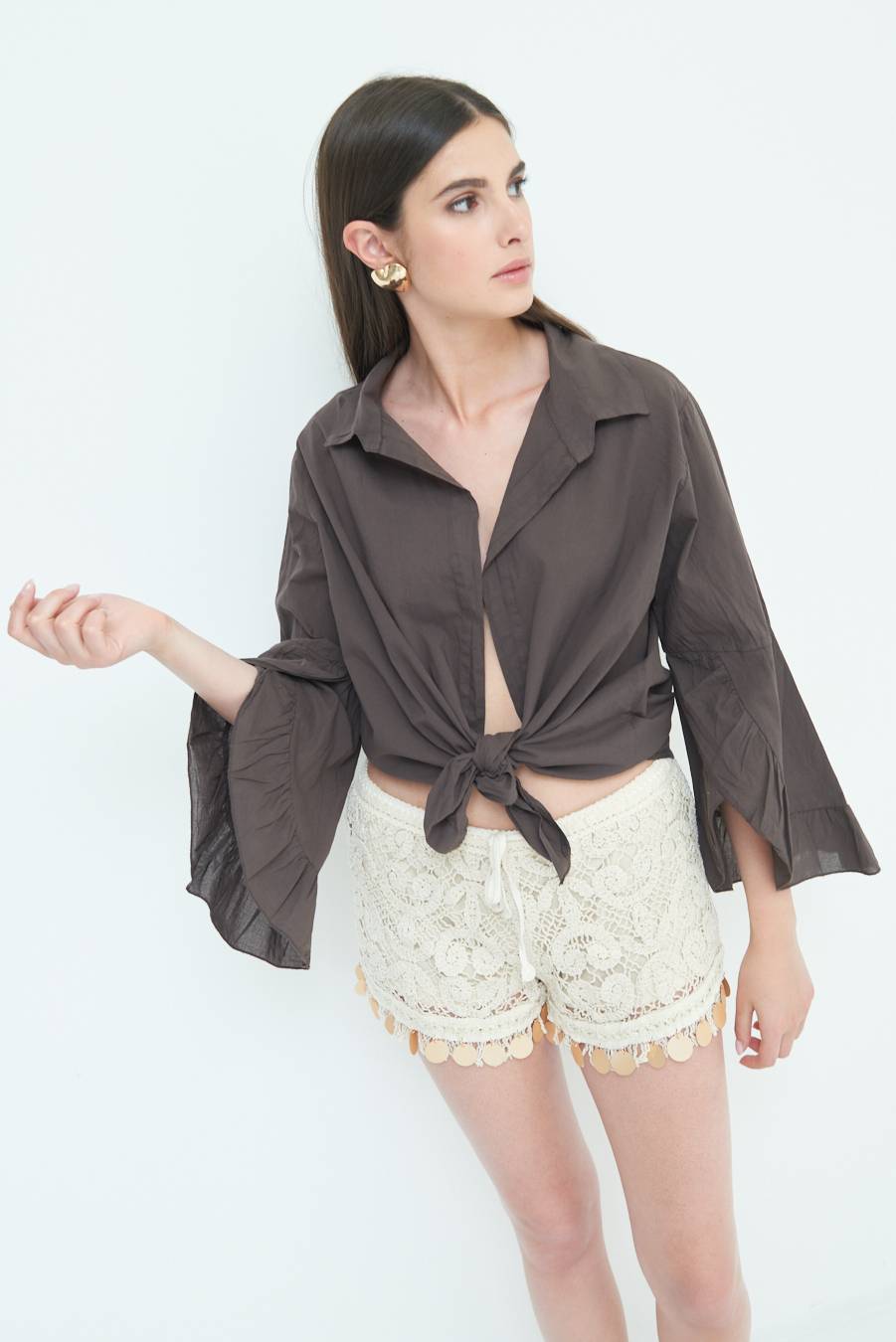 Kikisix CAMICIA MUSSOLA CON NODO CIOCCOLATO Vendita Economica