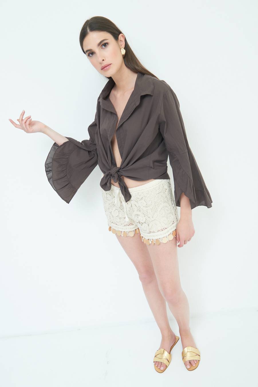 Kikisix CAMICIA MUSSOLA CON NODO CIOCCOLATO Vendita Economica
