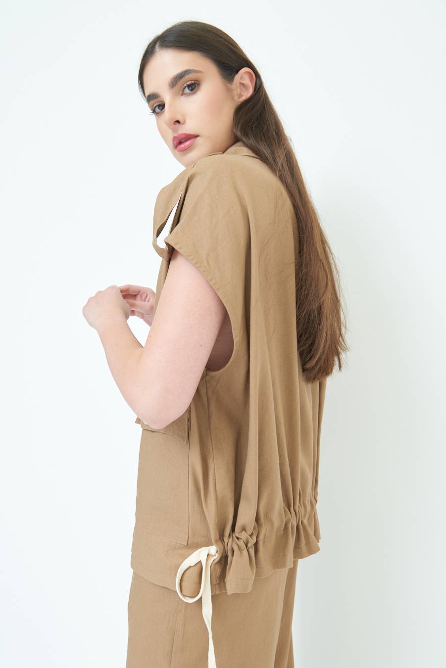 Kikisix GIACCA CAMICIA CON TASCHE VISCOSA LINO TABACCO Vendite Flash