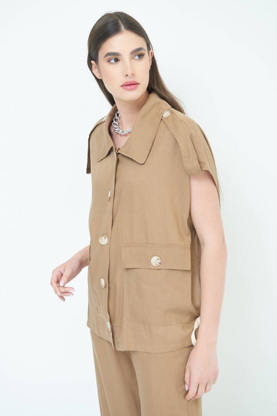 Kikisix GIACCA CAMICIA CON TASCHE VISCOSA LINO TABACCO Vendite Flash