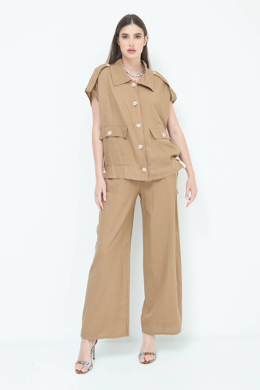 Kikisix GIACCA CAMICIA CON TASCHE VISCOSA LINO TABACCO Vendite Flash