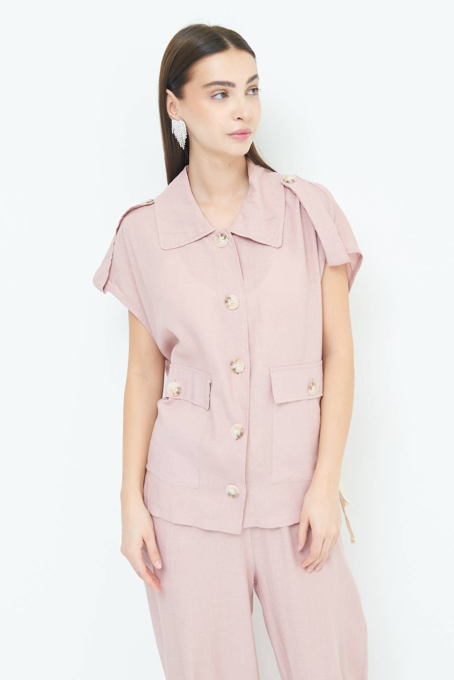 Kikisix GIACCA CAMICIA CON TASCHE VISCOSA LINO ROSA Negozio