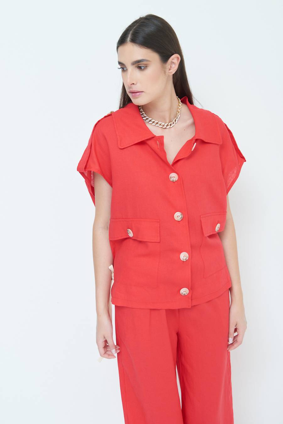 Kikisix GIACCA CAMICIA CON TASCHE VISCOSA LINO ROSSO In Saldo