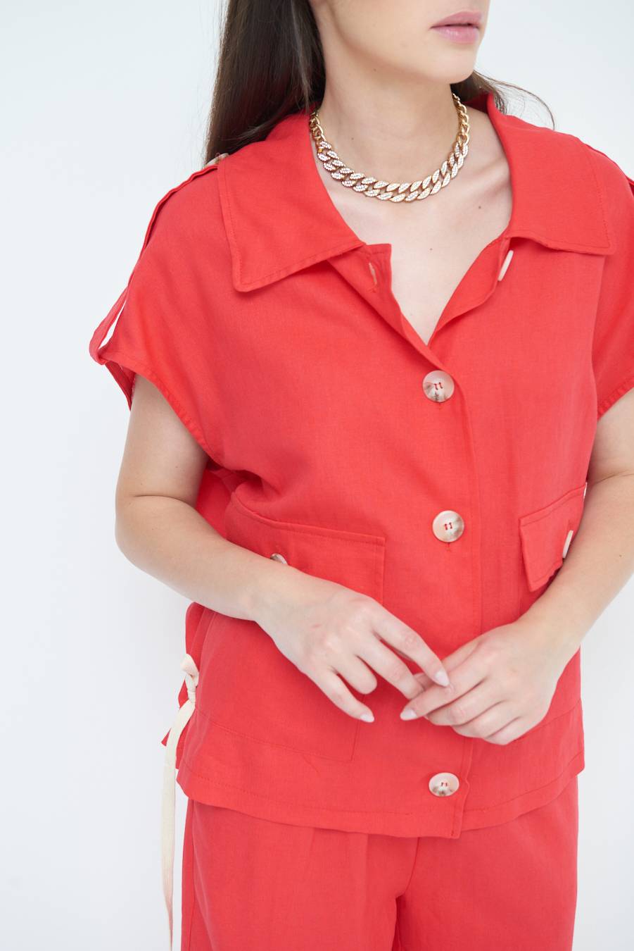 Kikisix GIACCA CAMICIA CON TASCHE VISCOSA LINO ROSSO In Saldo