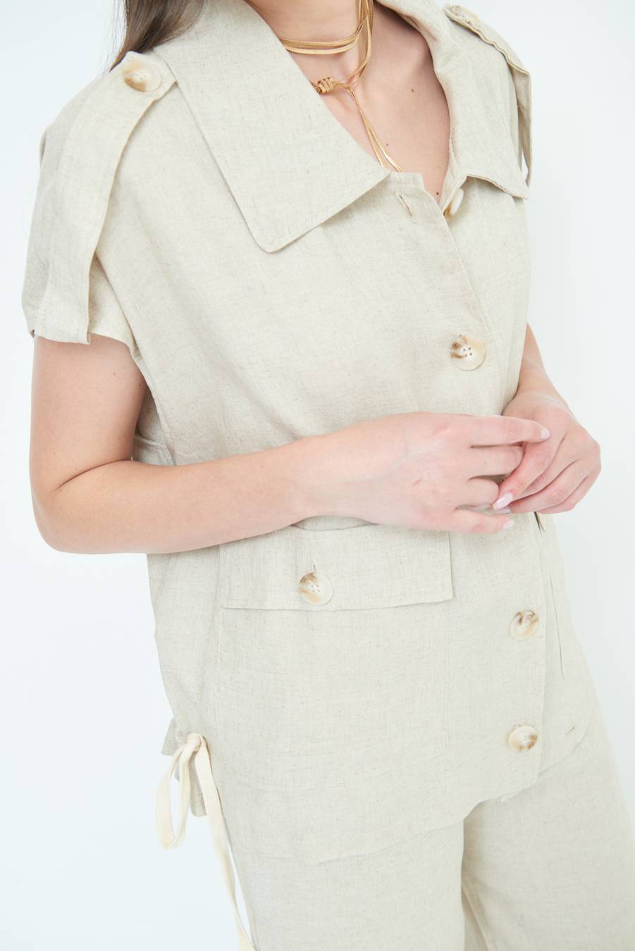 Kikisix GIACCA CAMICIA CON TASCHE VISCOSA LINO NATURALE Nuova