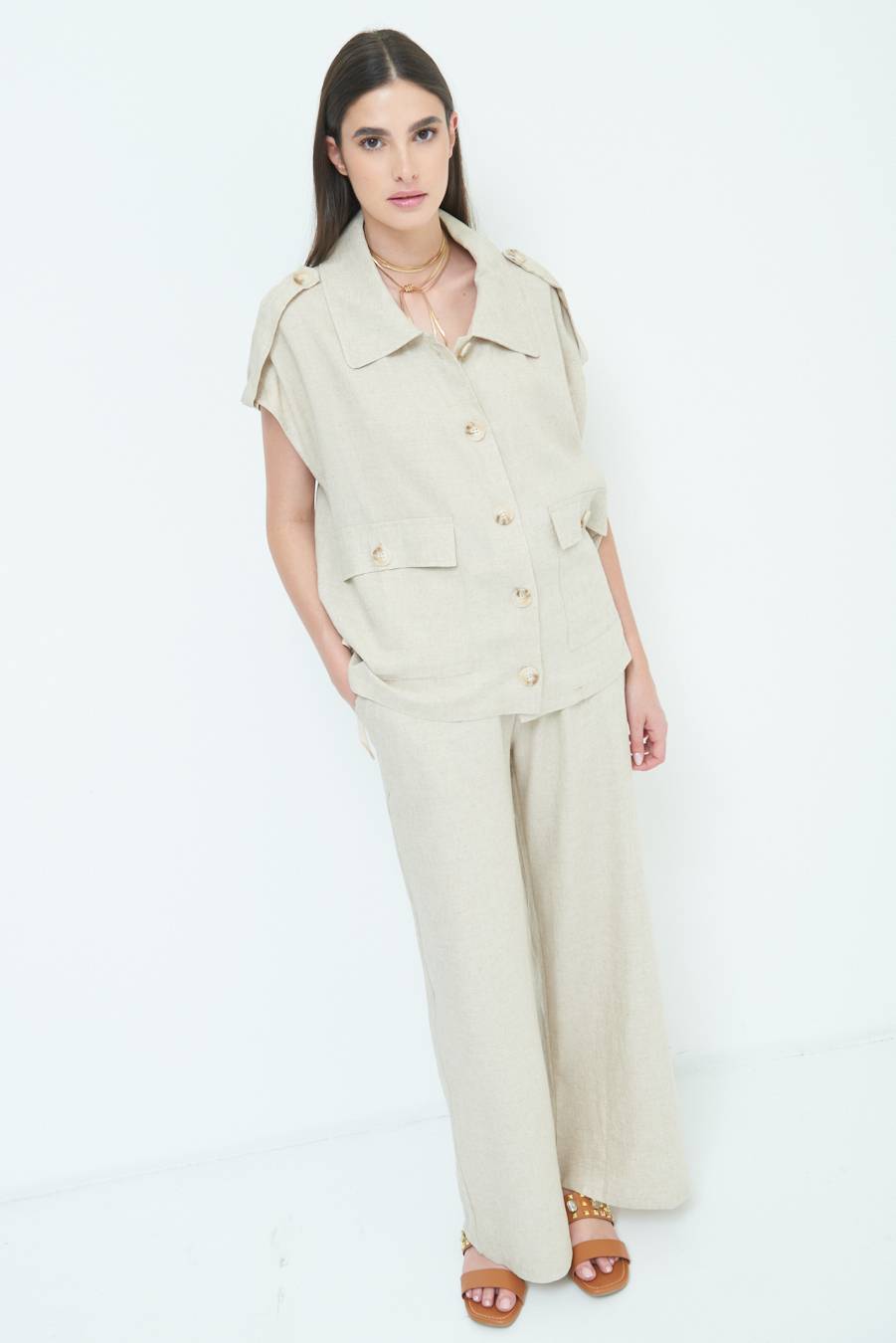 Kikisix GIACCA CAMICIA CON TASCHE VISCOSA LINO NATURALE Nuova