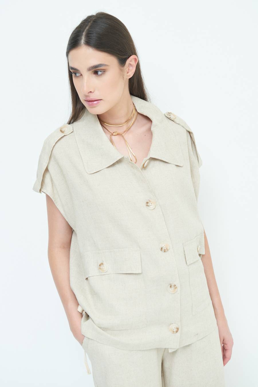 Kikisix GIACCA CAMICIA CON TASCHE VISCOSA LINO NATURALE Nuova
