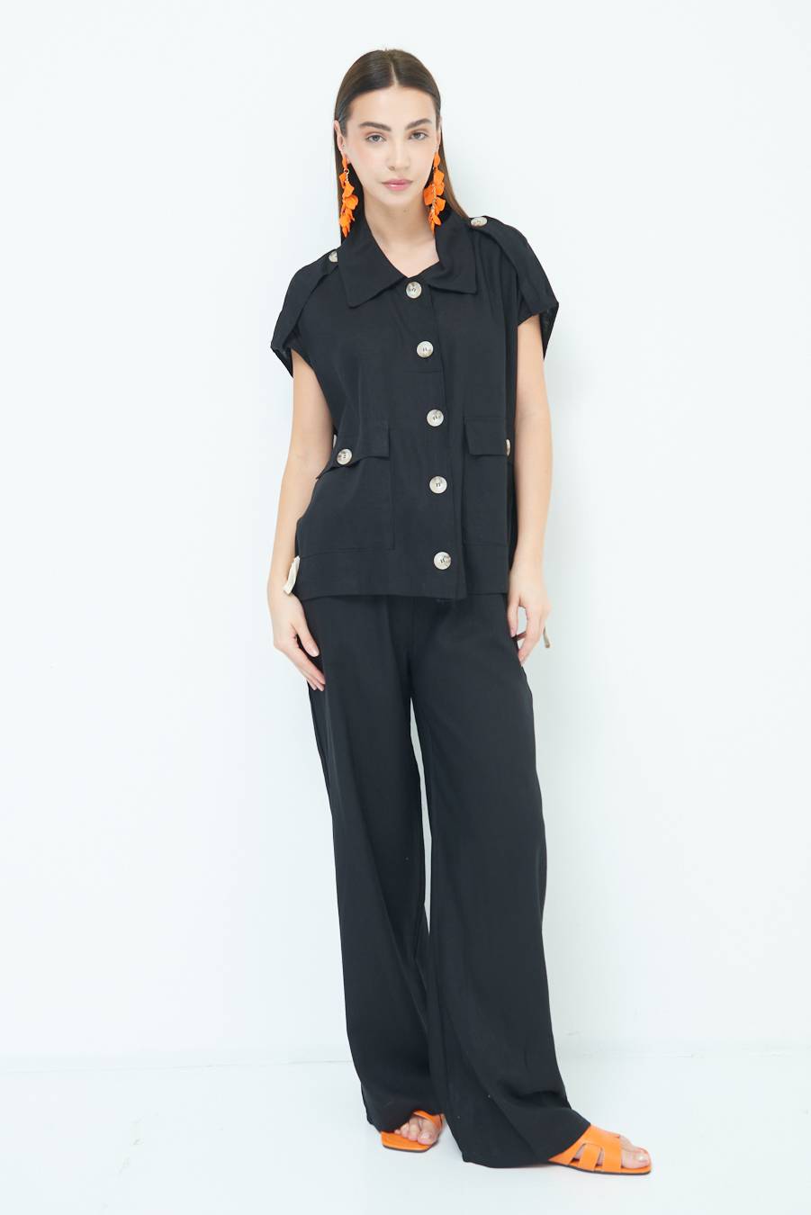 Kikisix GIACCA CAMICIA CON TASCHE VISCOSA LINO NERO Moda