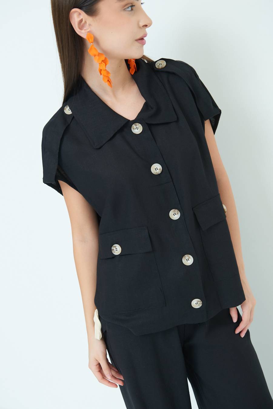 Kikisix GIACCA CAMICIA CON TASCHE VISCOSA LINO NERO Moda