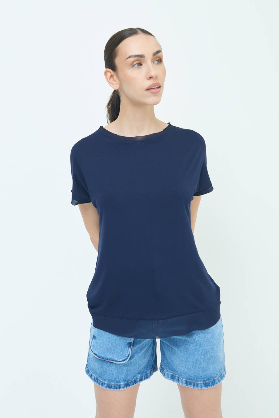Kikisix MAGLIA PROFILO GEORGETTE BLU Nuovo