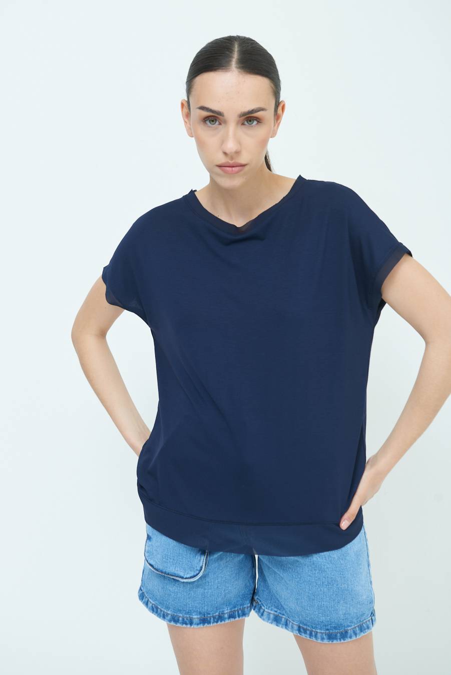 Kikisix MAGLIA PROFILO GEORGETTE BLU Nuovo