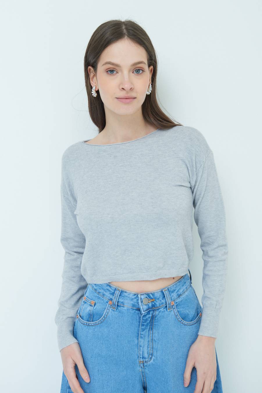 Kikisix MAGLIA SCATOLINA SCOLLO A BARCA GRIGIO Affare Del Giorno