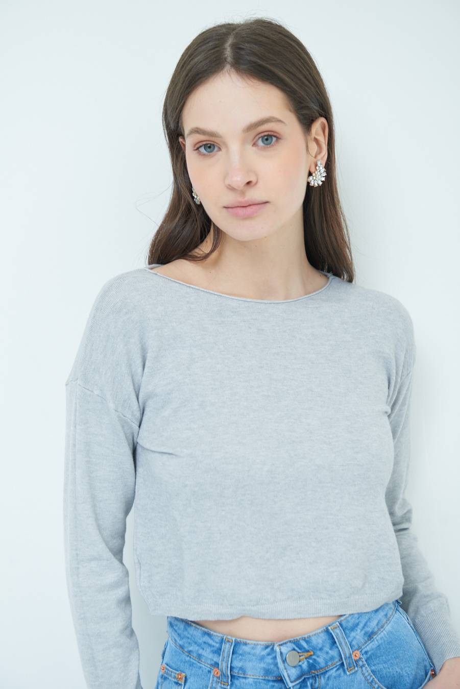 Kikisix MAGLIA SCATOLINA SCOLLO A BARCA GRIGIO Affare Del Giorno