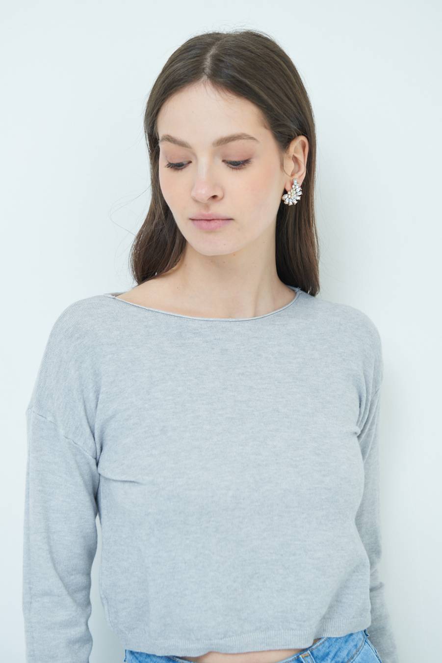 Kikisix MAGLIA SCATOLINA SCOLLO A BARCA GRIGIO Affare Del Giorno