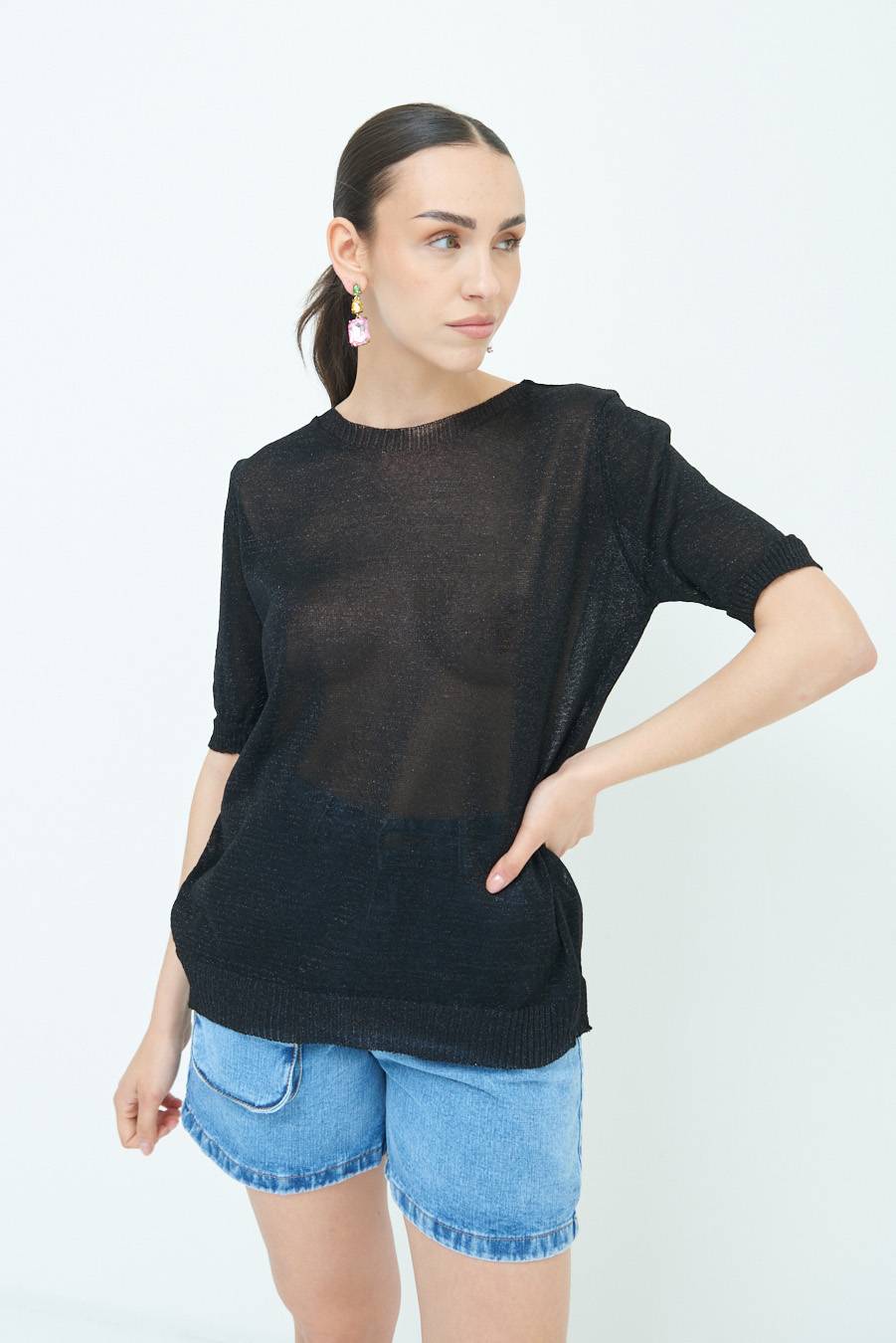 Kikisix MAGLIA LUREX PARICOLLO NERO Consegna Veloce