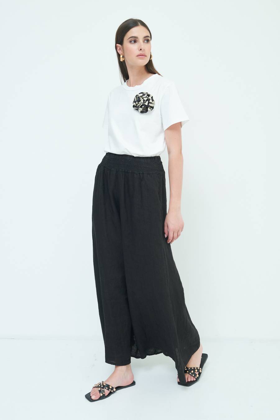 Kikisix PANTA PALAZZO LINO CON ELASTICI NERO Saldi Di Fabbrica