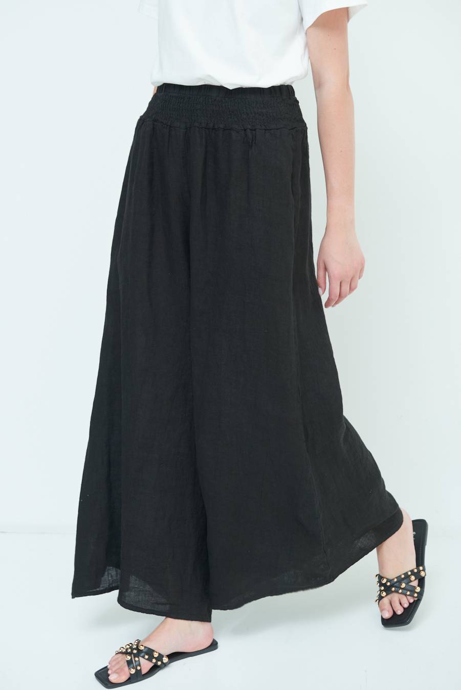 Kikisix PANTA PALAZZO LINO CON ELASTICI NERO Saldi Di Fabbrica