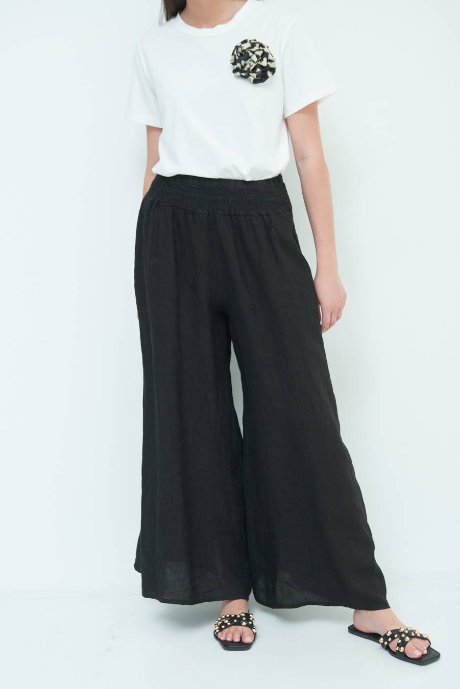 Kikisix PANTA PALAZZO LINO CON ELASTICI NERO Saldi Di Fabbrica