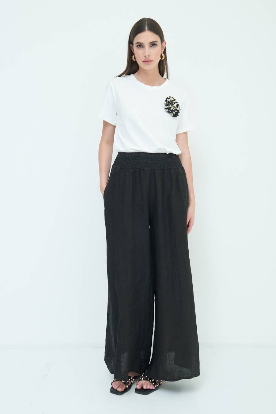 Kikisix PANTA PALAZZO LINO CON ELASTICI NERO Saldi Di Fabbrica