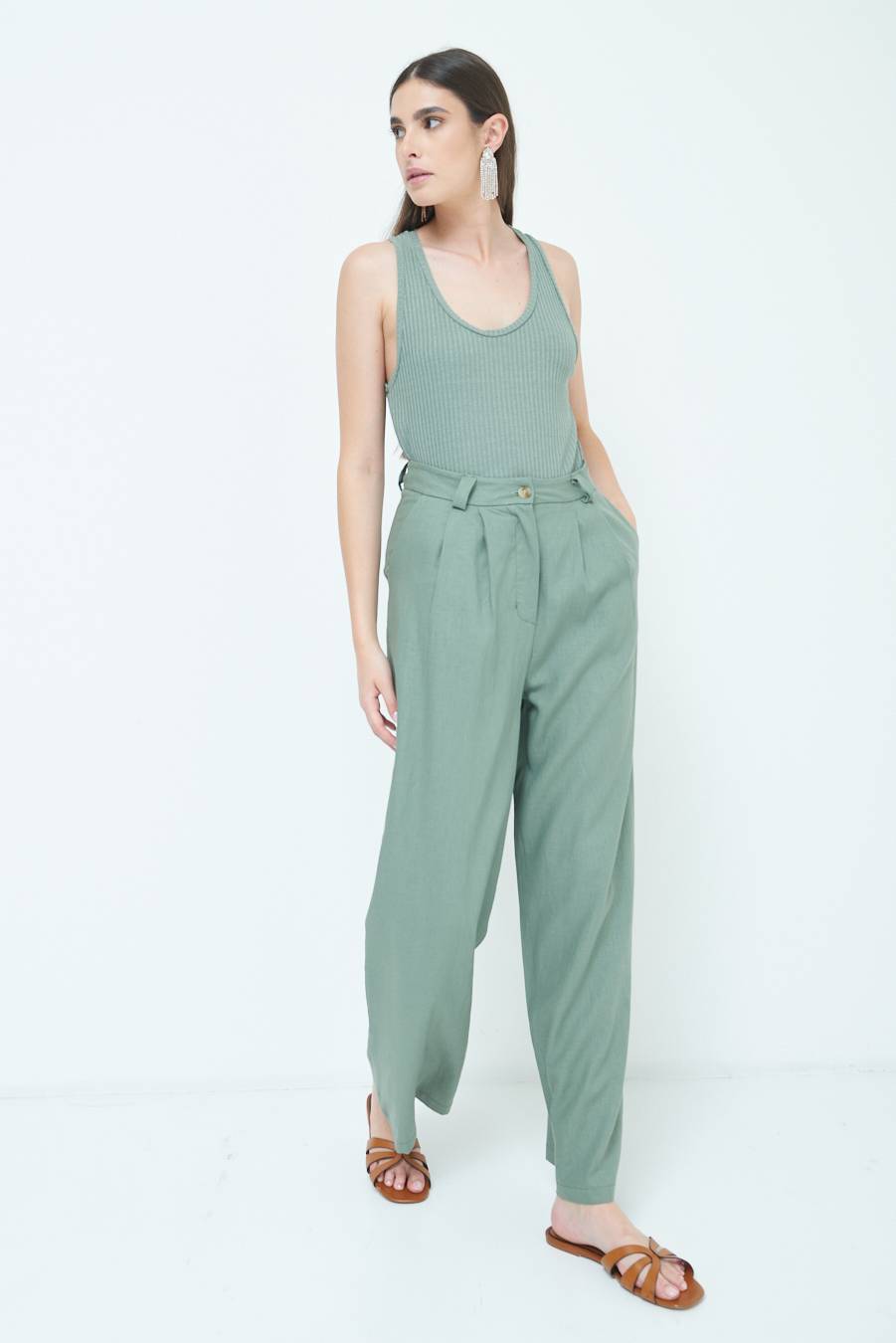 Kikisix PANTA PALAZZO CON PINCE VERDE MILITARE 2025