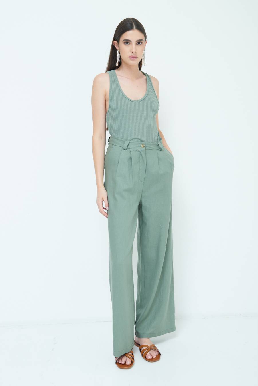 Kikisix PANTA PALAZZO CON PINCE VERDE MILITARE 2025