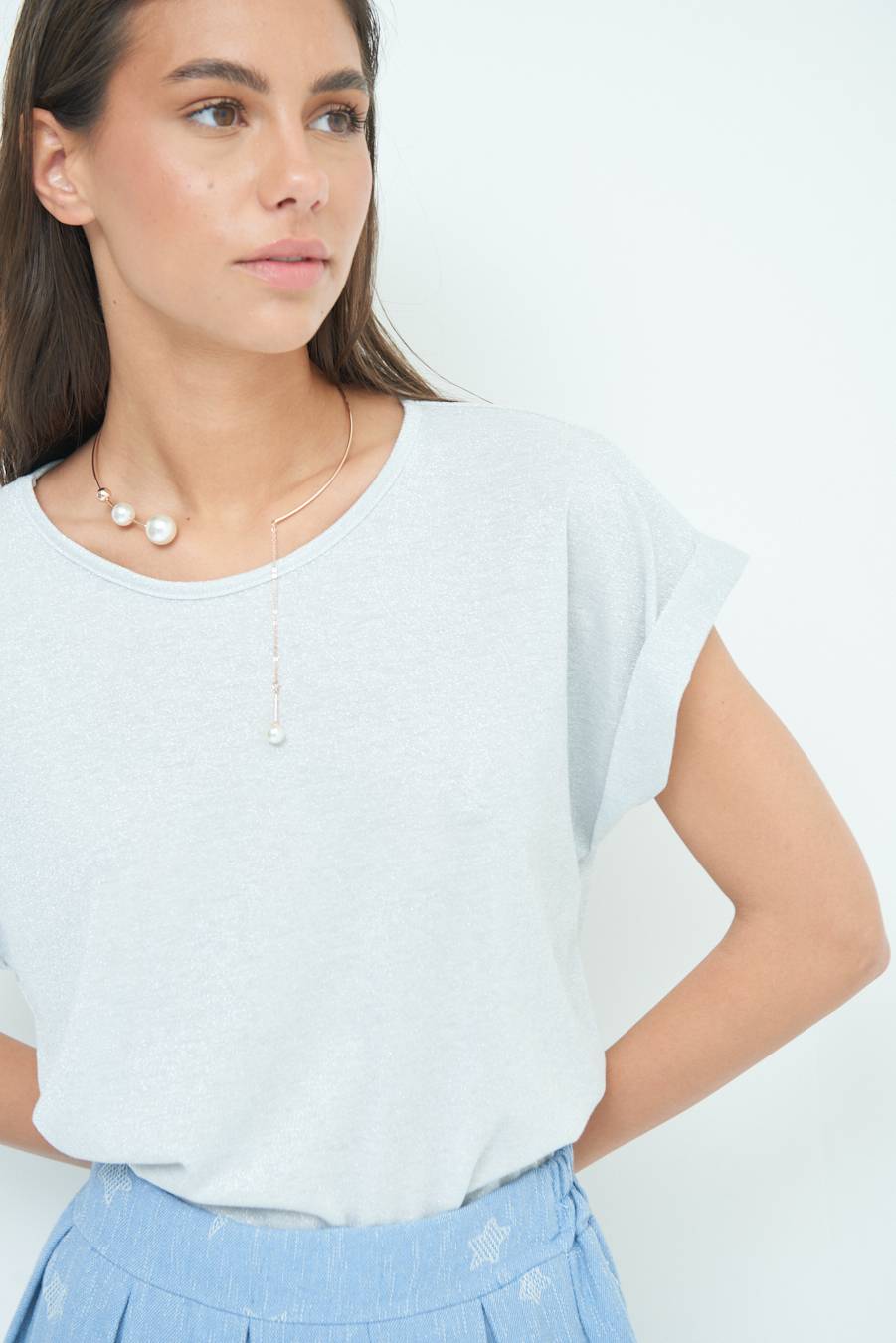Kikisix T-SHIRT OVER CON RISVOLTO LUREX ARGENTO Prezzo basso