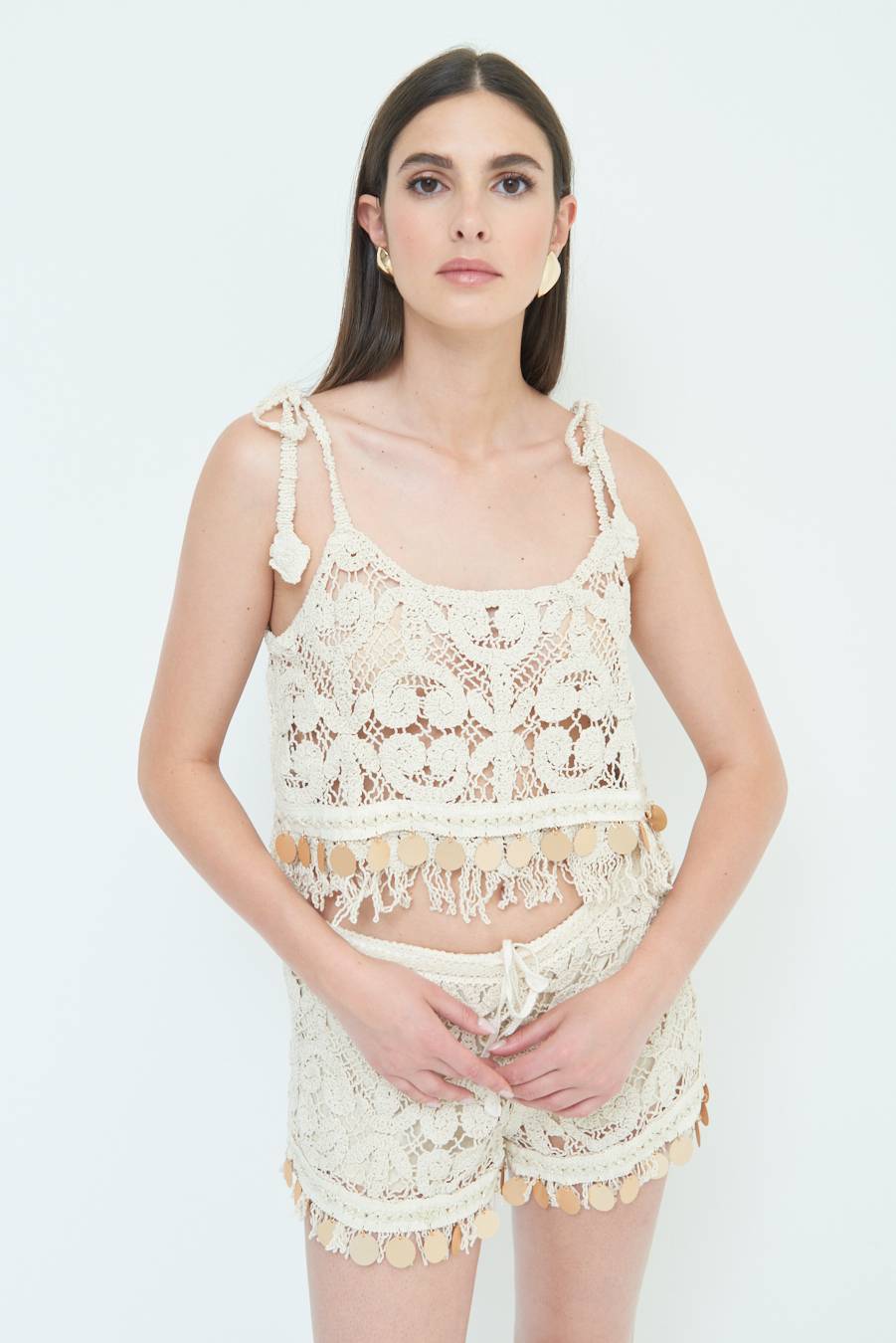 Kikisix TOP CROP CON MACRO PAILLETTES FONDO BEIGE Sconti questo mese