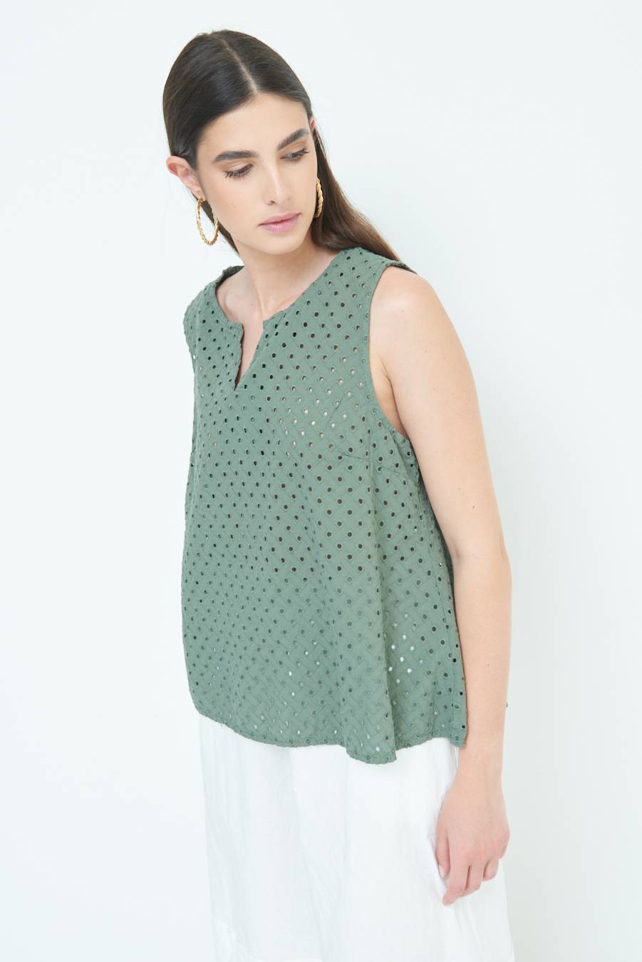 Kikisix TOP SMANICATO SANGALLO VERDE MILITARE Italia