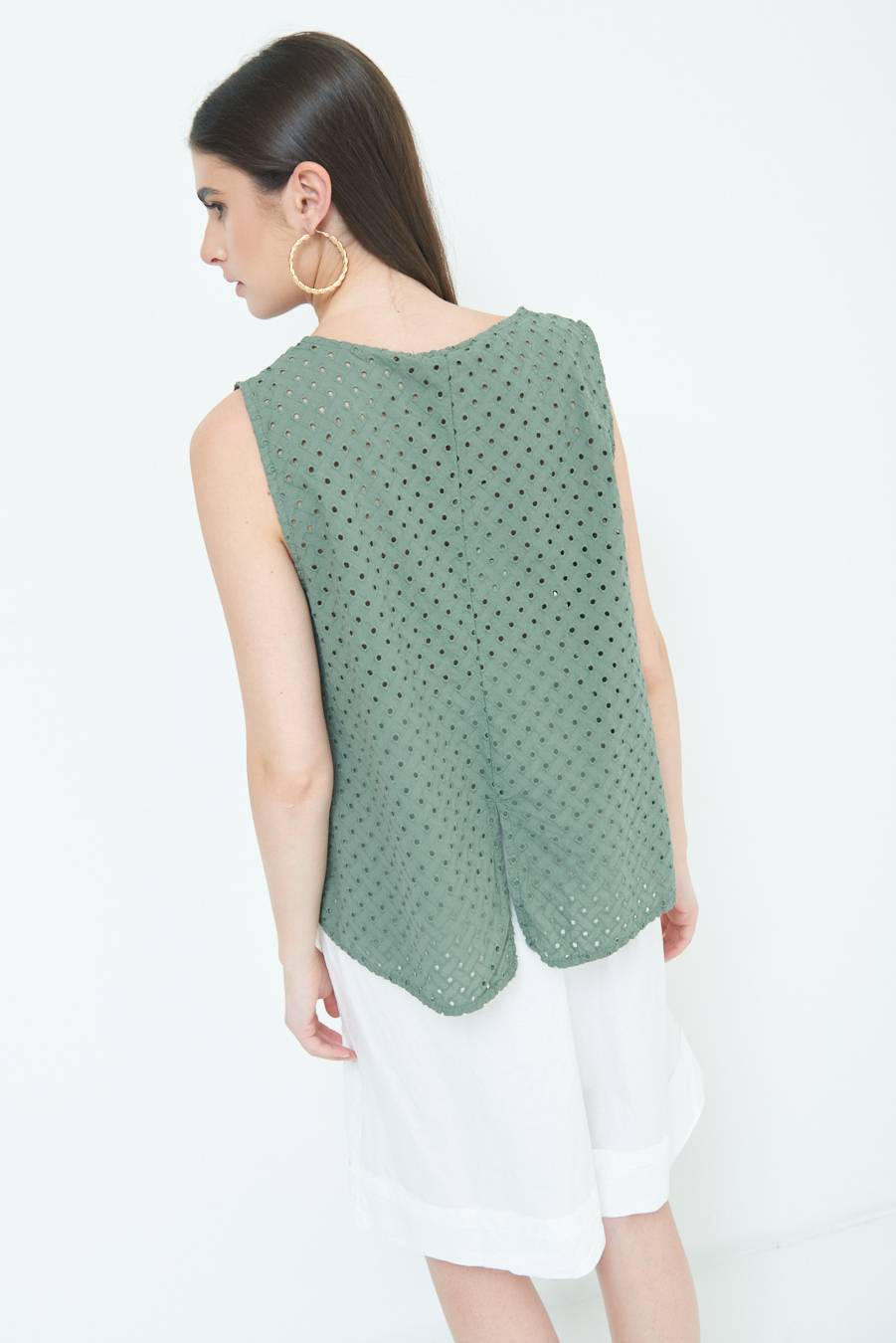 Kikisix TOP SMANICATO SANGALLO VERDE MILITARE Italia
