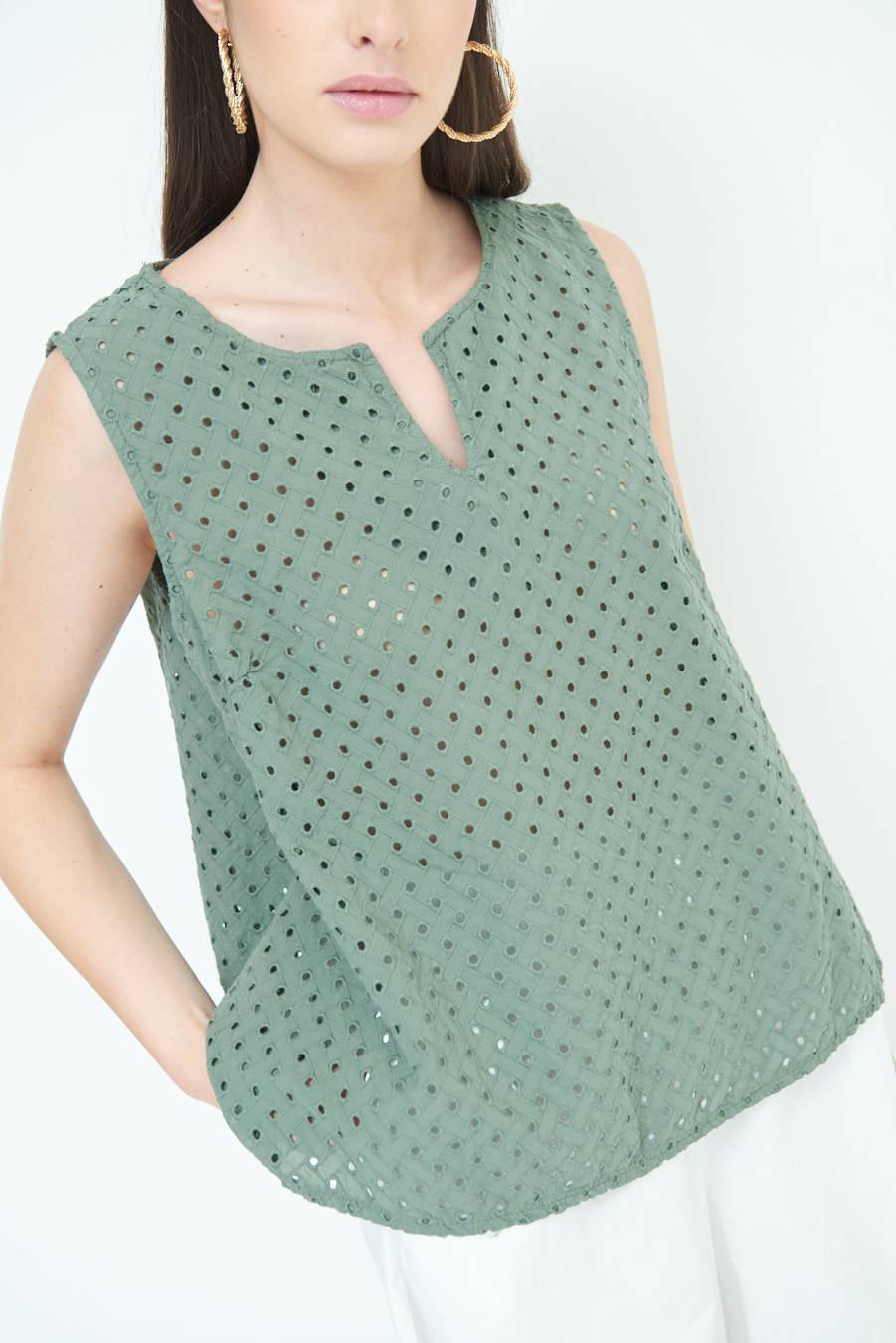 Kikisix TOP SMANICATO SANGALLO VERDE MILITARE Italia