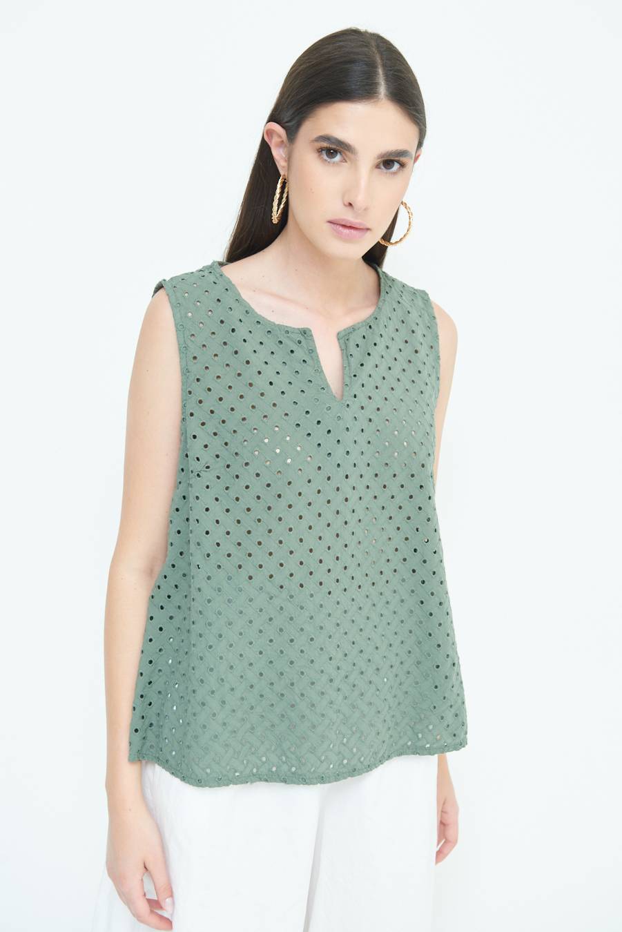 Kikisix TOP SMANICATO SANGALLO VERDE MILITARE Italia