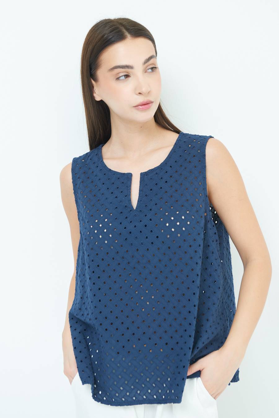 Kikisix TOP SMANICATO SANGALLO BLU Qualità