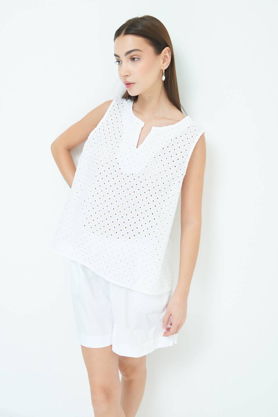 Kikisix TOP SMANICATO SANGALLO BIANCO Vendita