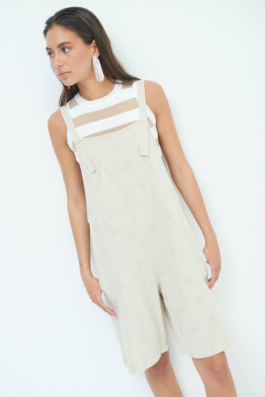 Kikisix SALOPETTE BERMUDA CON STELLE E FULMINI BEIGE Prezzo Ridotto