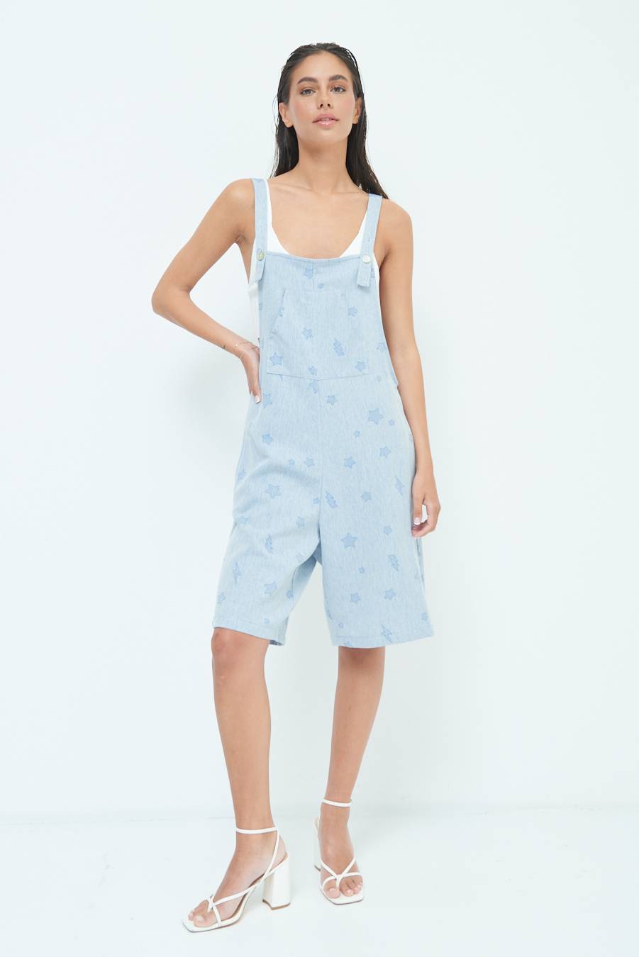 Kikisix SALOPETTE BERMUDA CON STELLE E FULMINI BLU CHIARO Sottocosto