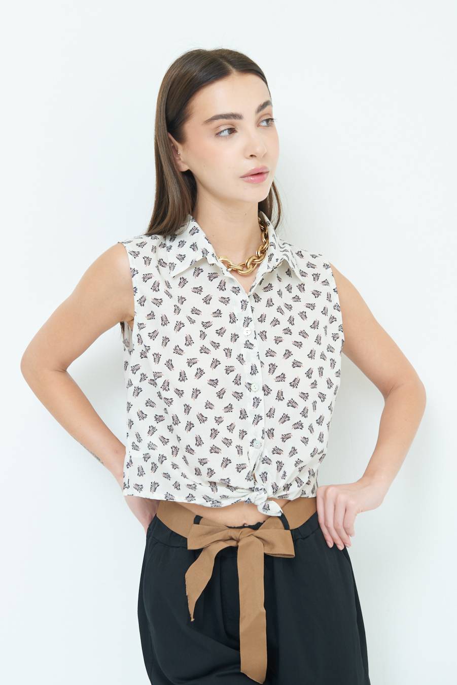 Kikisix CAMICIA SMANICATA CON NODO STAMPA NERO Ritorno libero