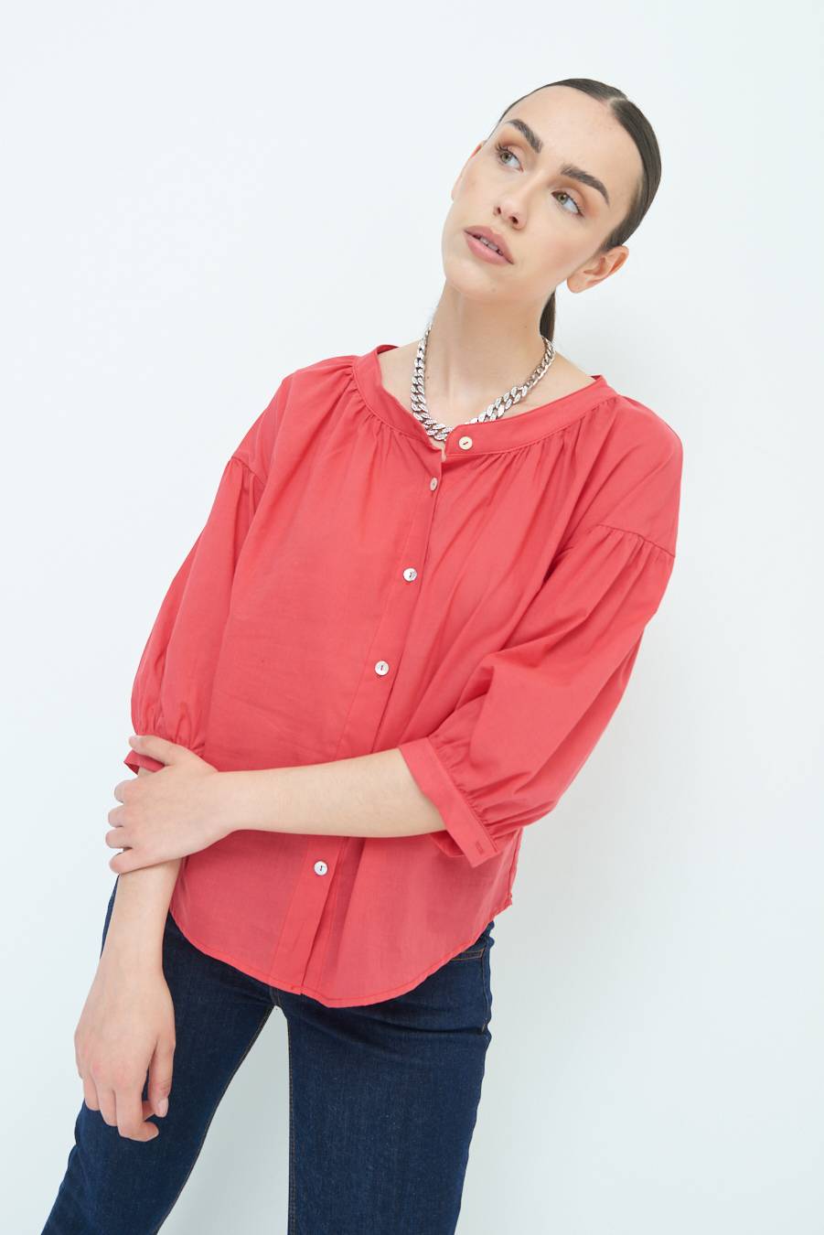 Kikisix CAMICIA SCOLLO INCRESPATO COTONE ROSSO Enormi sconti