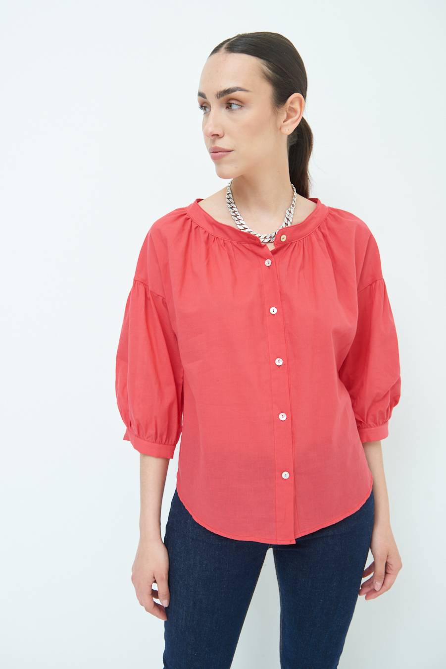 Kikisix CAMICIA SCOLLO INCRESPATO COTONE ROSSO Enormi sconti