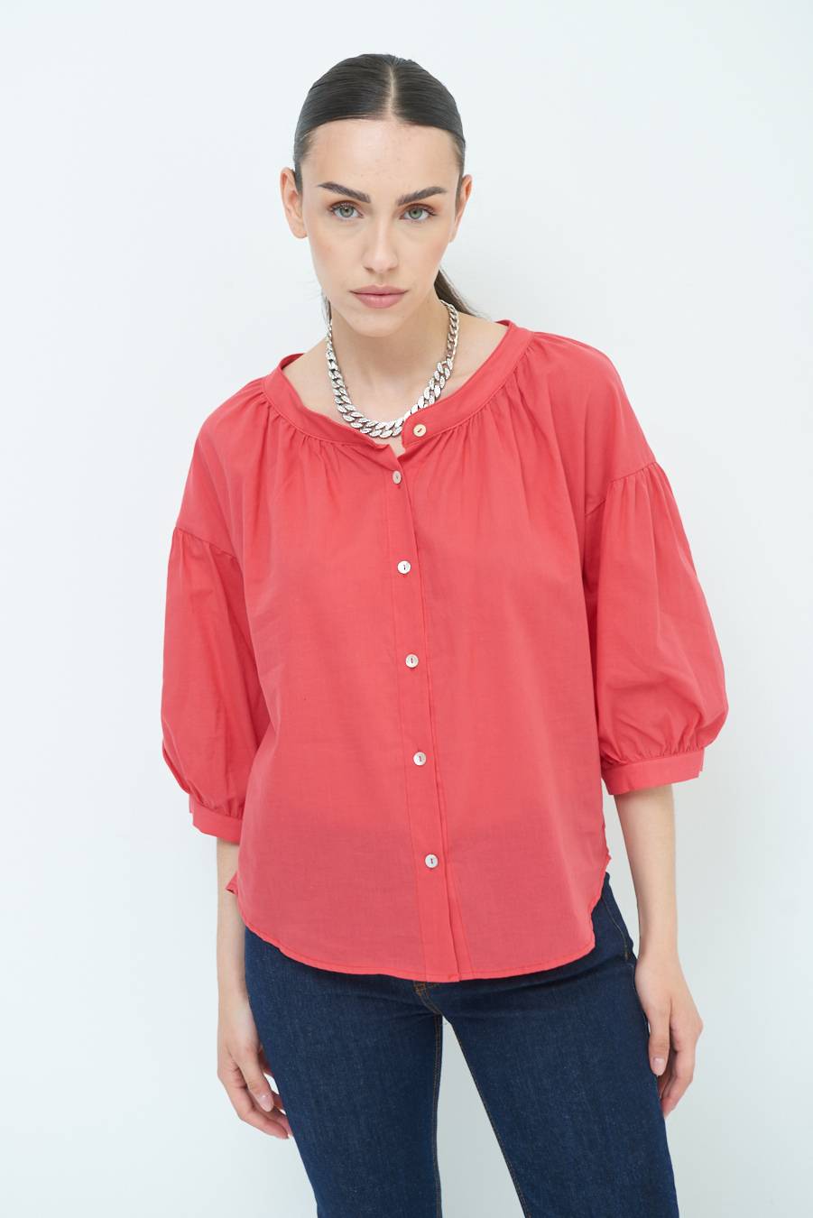 Kikisix CAMICIA SCOLLO INCRESPATO COTONE ROSSO Enormi sconti