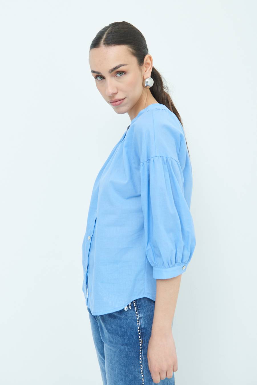 Kikisix CAMICIA SCOLLO INCRESPATO COTONE CELESTE Trasporto libero internazionale