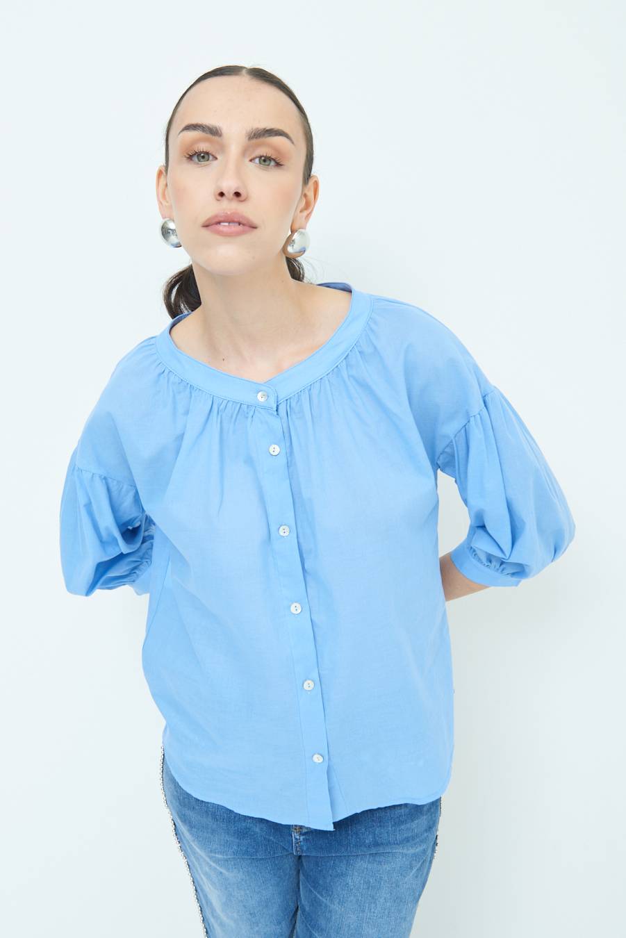 Kikisix CAMICIA SCOLLO INCRESPATO COTONE CELESTE Trasporto libero internazionale