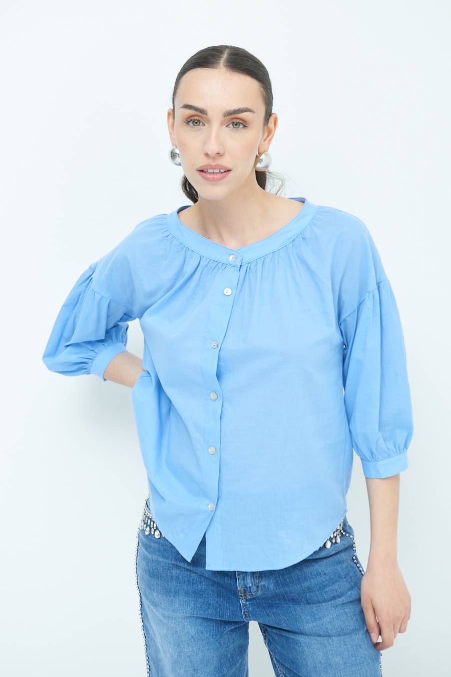Kikisix CAMICIA SCOLLO INCRESPATO COTONE CELESTE Trasporto libero internazionale