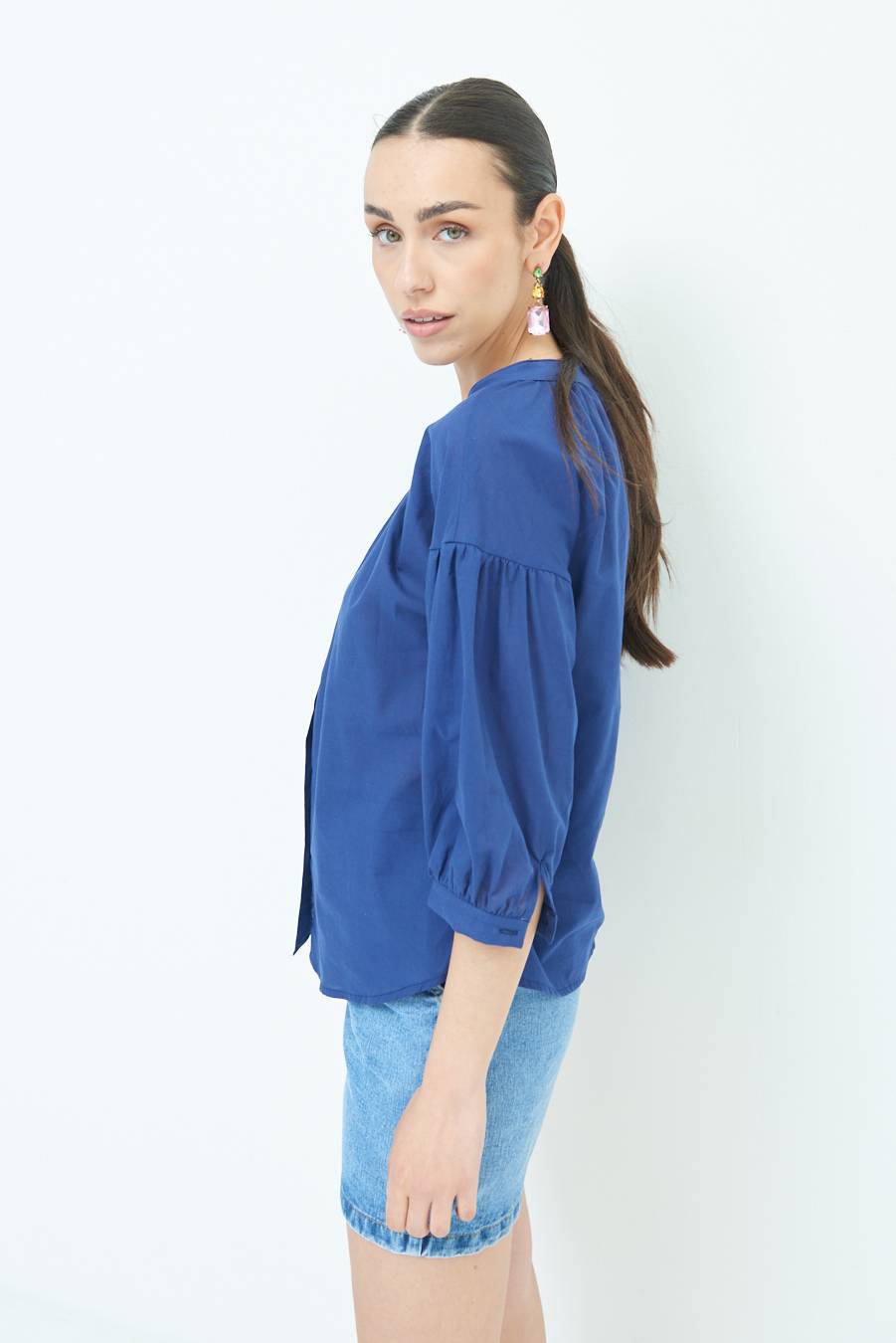Kikisix CAMICIA SCOLLO INCRESPATO COTONE BLU Officina
