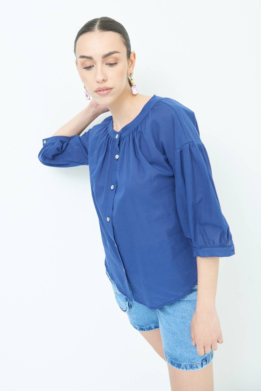 Kikisix CAMICIA SCOLLO INCRESPATO COTONE BLU Officina