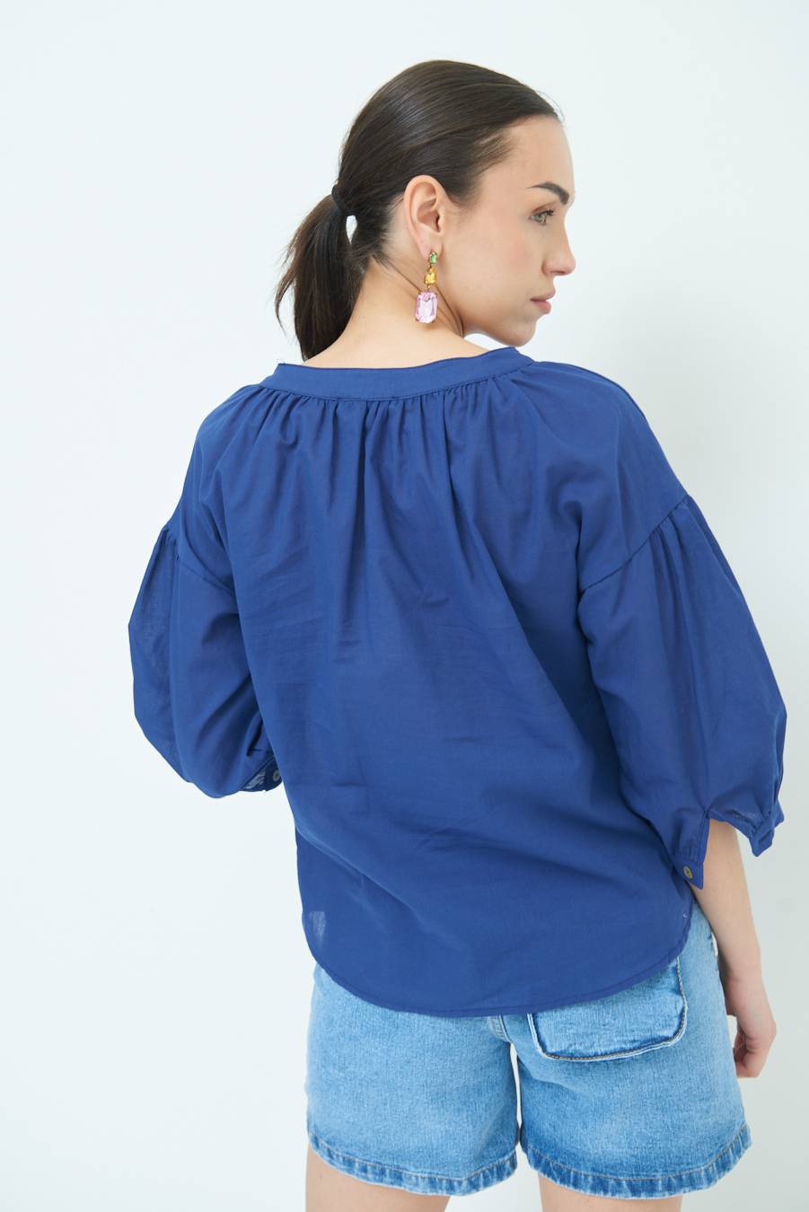 Kikisix CAMICIA SCOLLO INCRESPATO COTONE BLU Officina