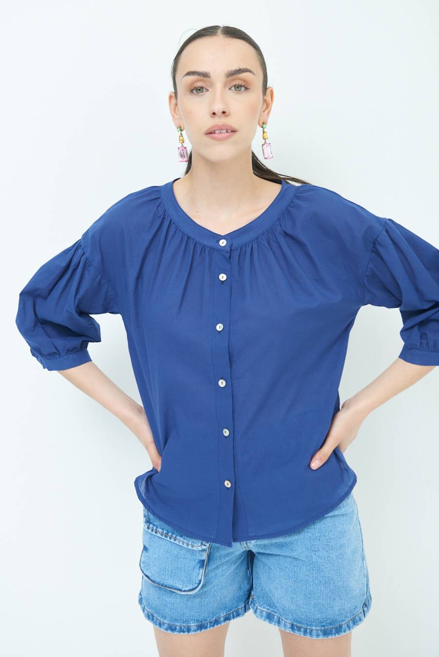 Kikisix CAMICIA SCOLLO INCRESPATO COTONE BLU Officina