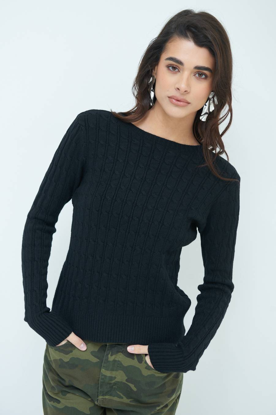 Kikisix MAGLIA PARICOLLO DISEGNO TRECCIA NERO Offerte stagionali